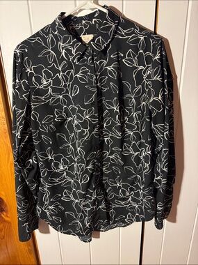 A New Day Black Floral Button-Up Shirt with White Outline Flowers